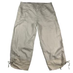 Soft Surroundings 100% Linen Khaki Pull On Crop Leg Pants Drawstring Hem Size L